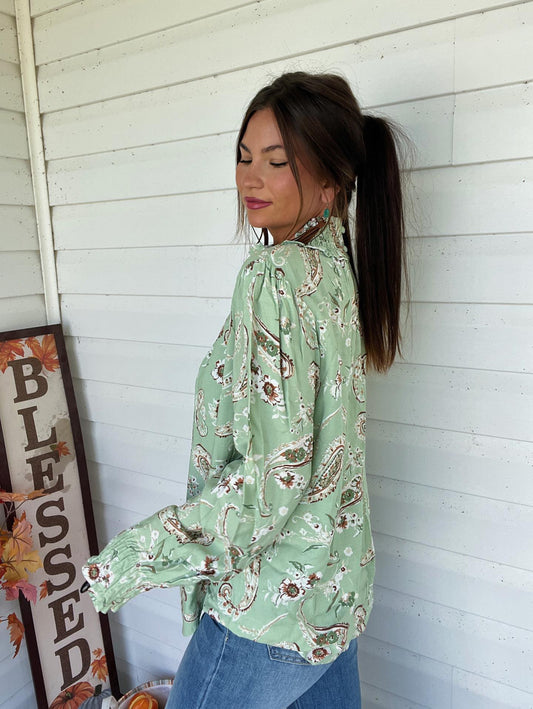 Sage Paisley Smocked Neck Top