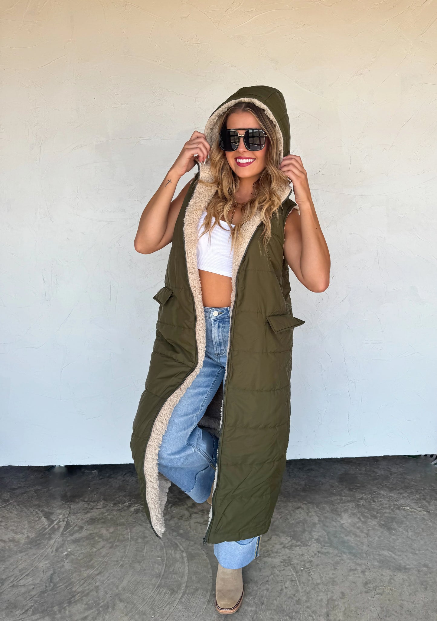 Reversible Sherpa Puffer Vest in Olive [[PRE-ORDER]]