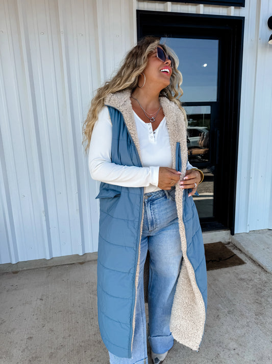 Reversible Sherpa Puffer Vest in Blue [[PRE-ORDER]]