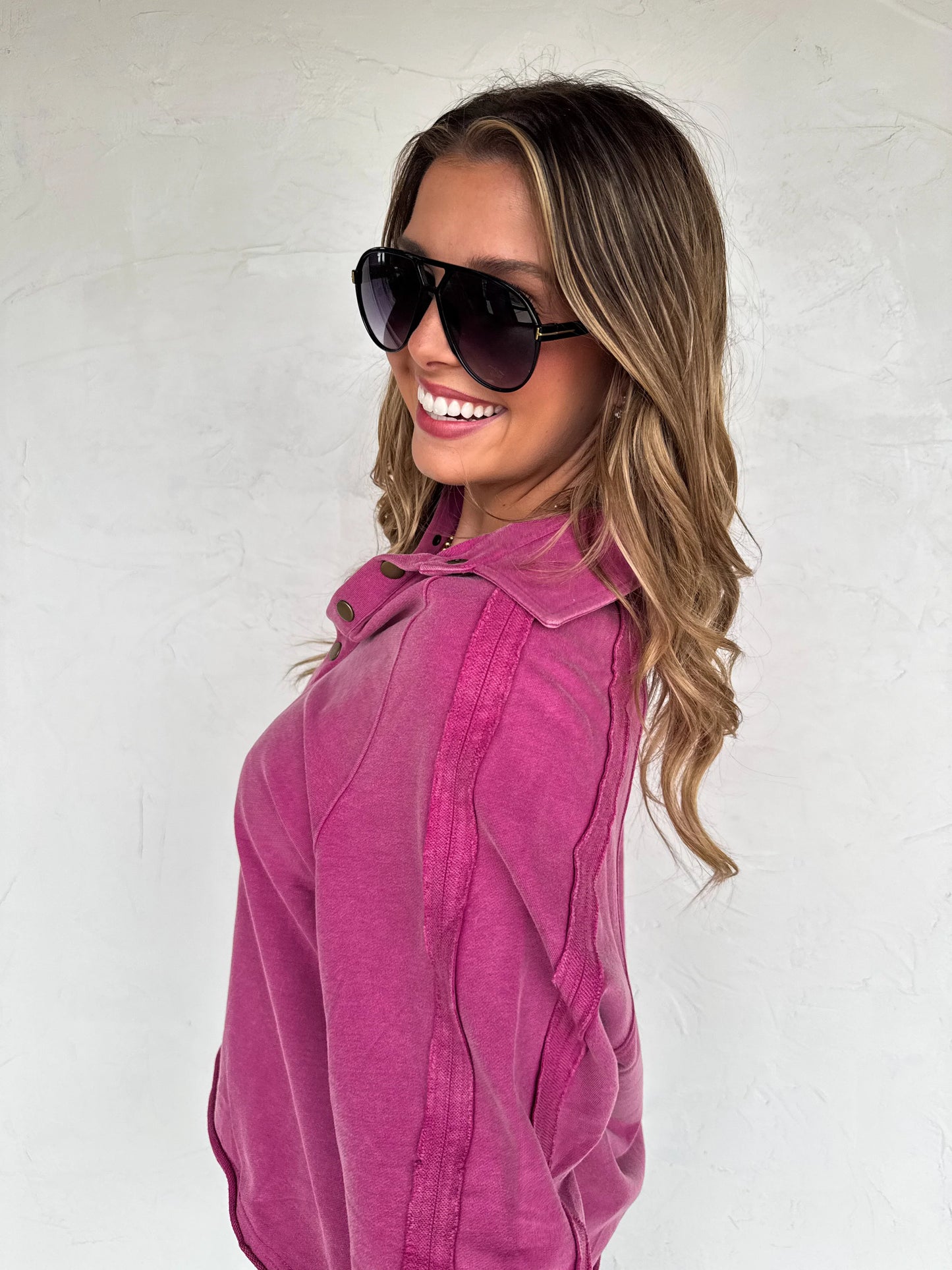 LONGER LENGTH MARLEY SNAP BUTTON SWEATSHIRT in MAGENTA [[PRE-ORDER]]