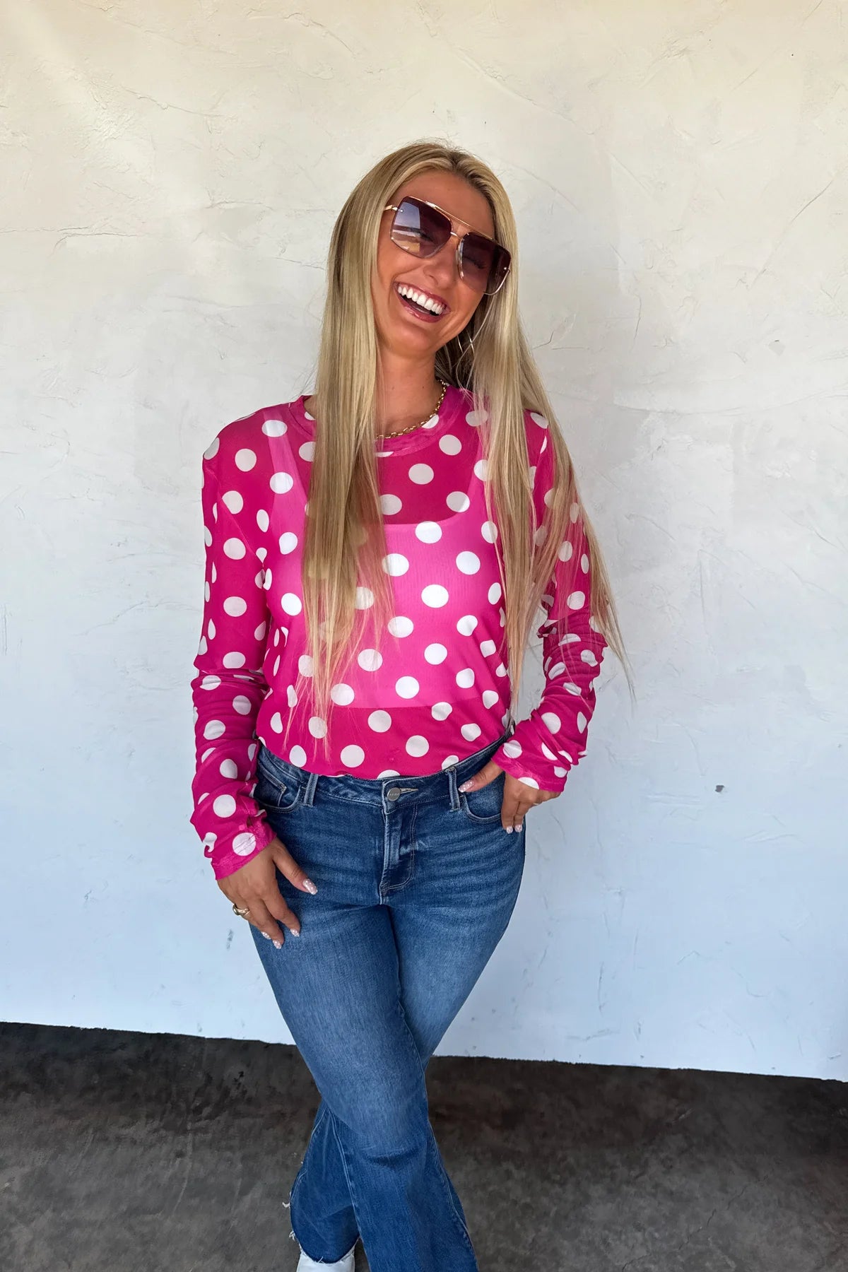 Pink Polka Dot Summer Mesh Top