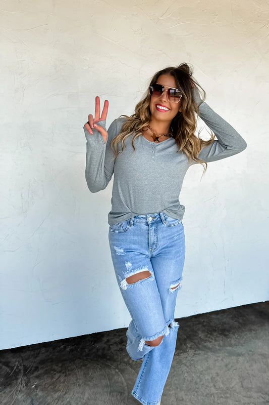 Brooklyn Snap Henley Top in Heather Gray [[PRE-ORDER]]
