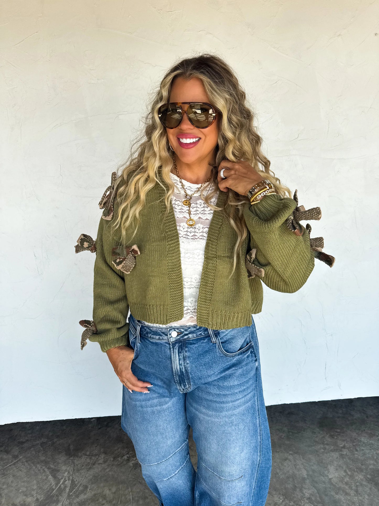 Sloane Bow Knit Cardigan Olive Camo  [[PRE-ORDER]]