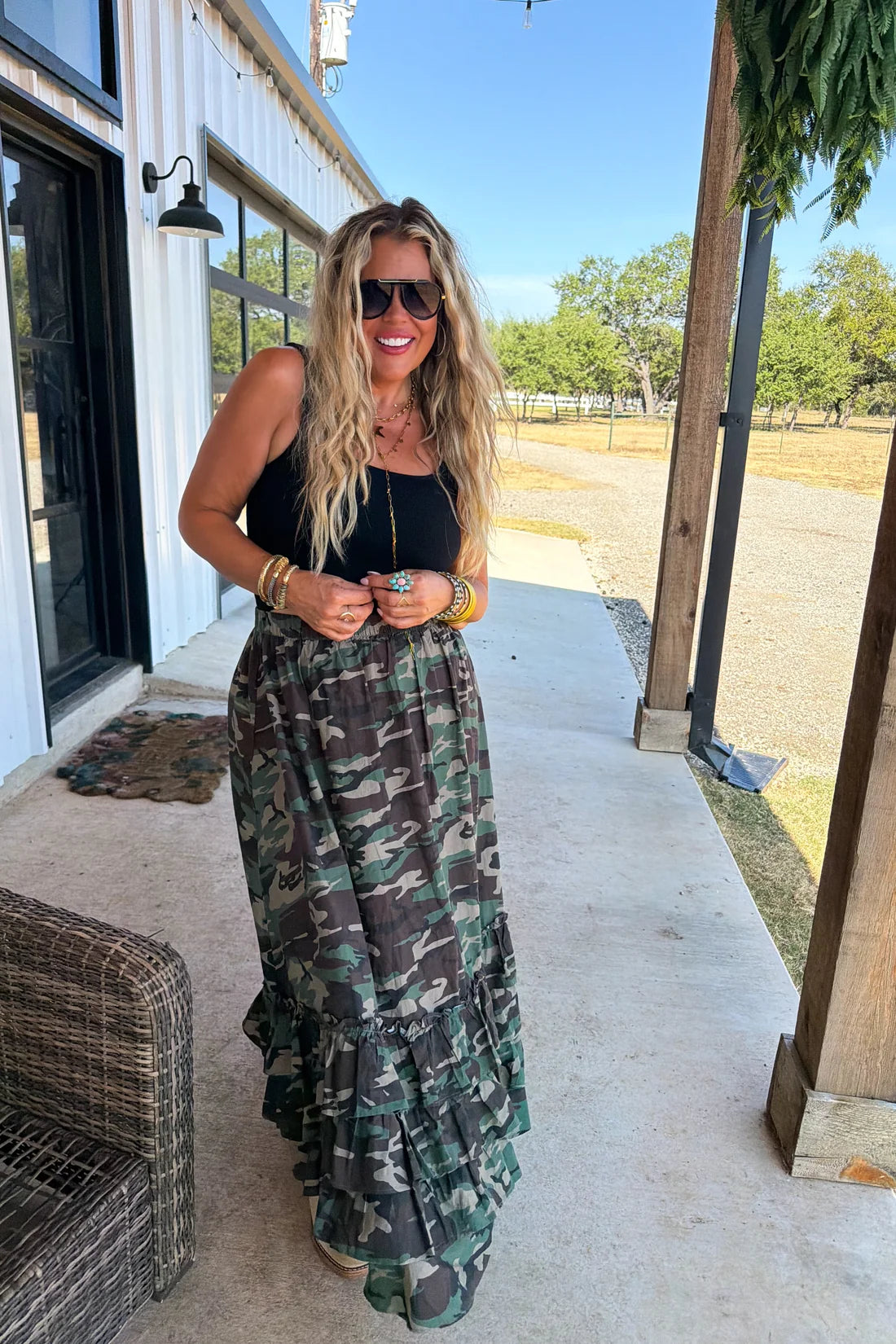 hidden gem camo maxi skirt