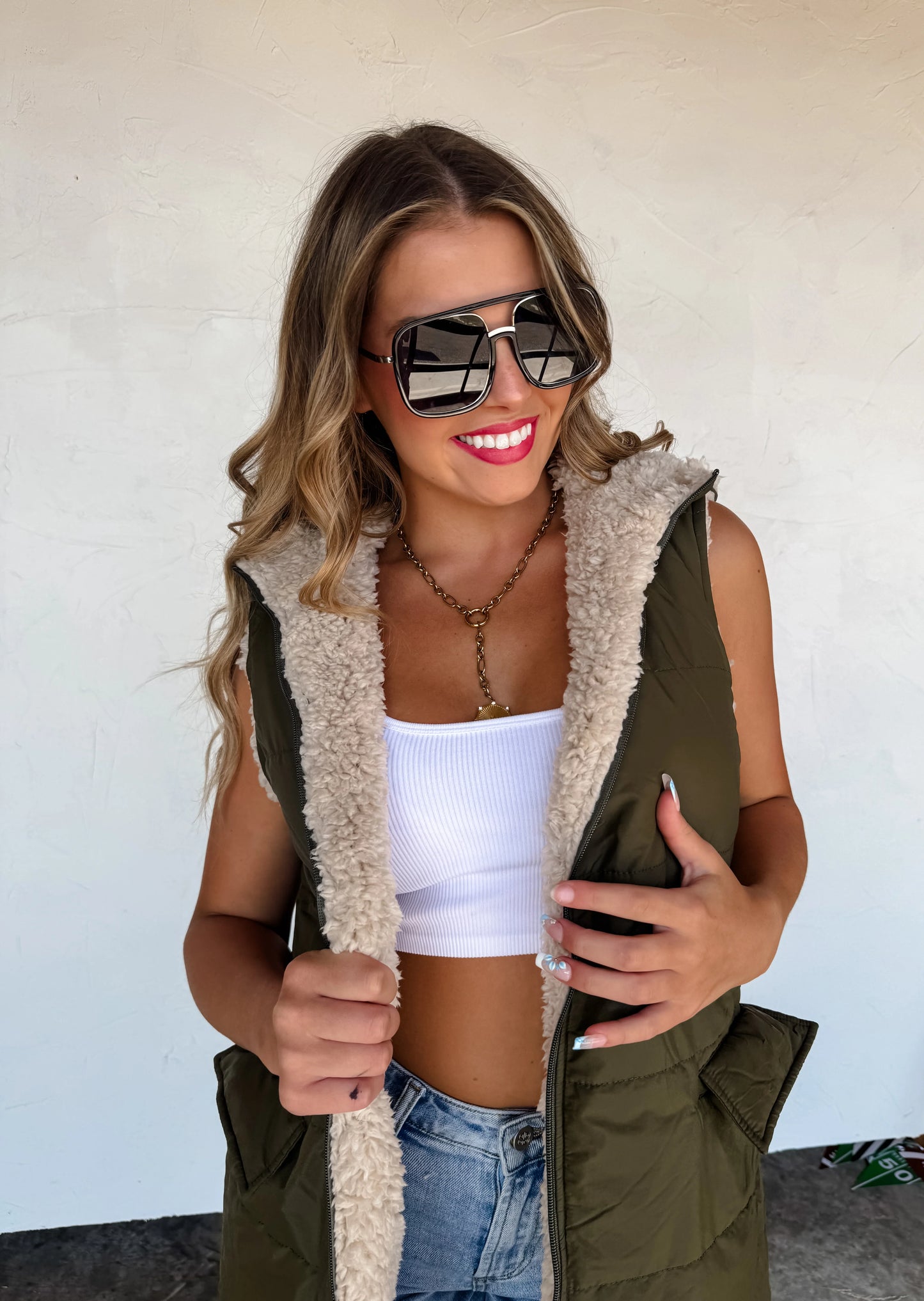 Reversible Sherpa Puffer Vest in Olive [[PRE-ORDER]]