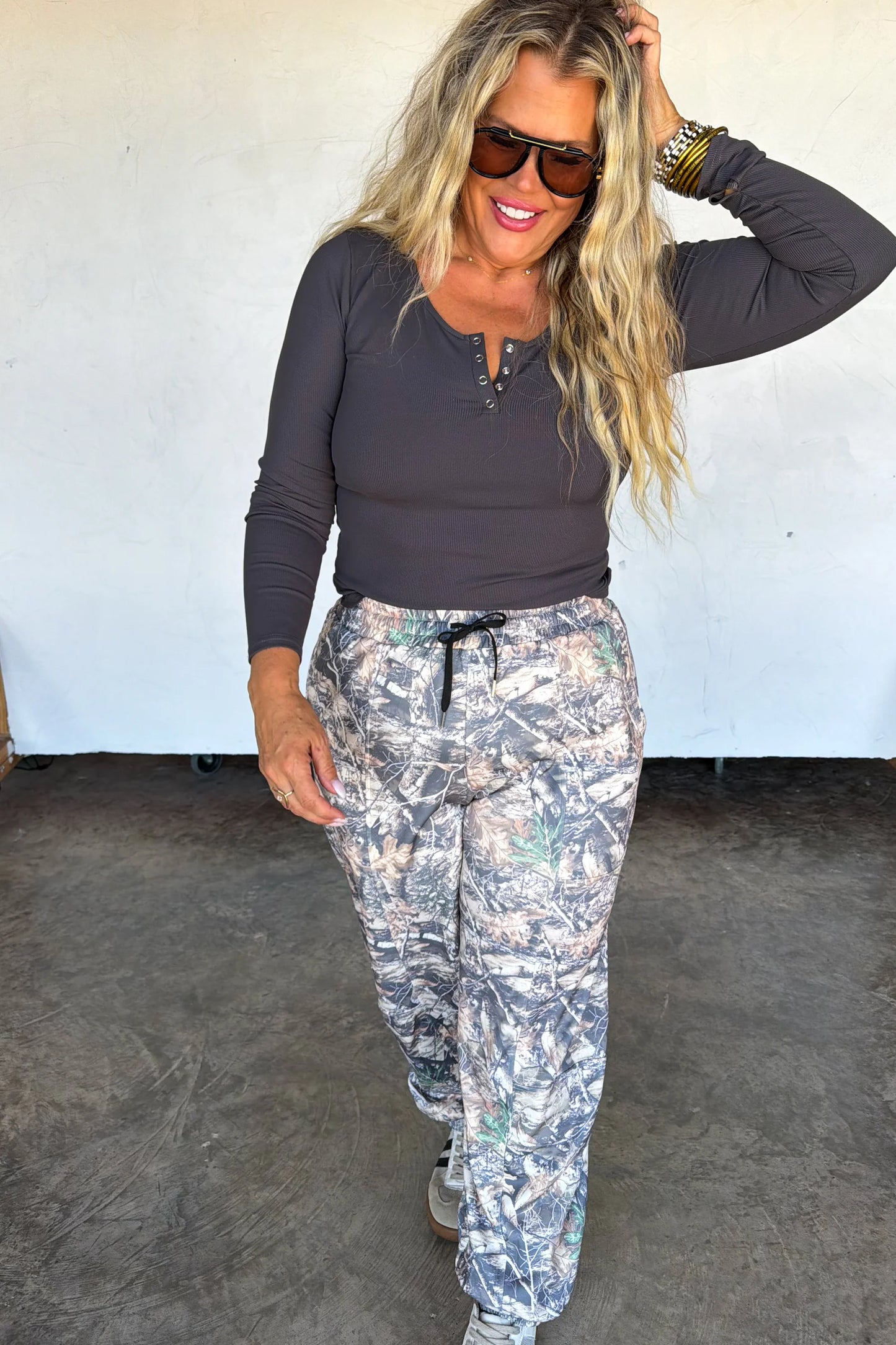 outside girl camo jogger