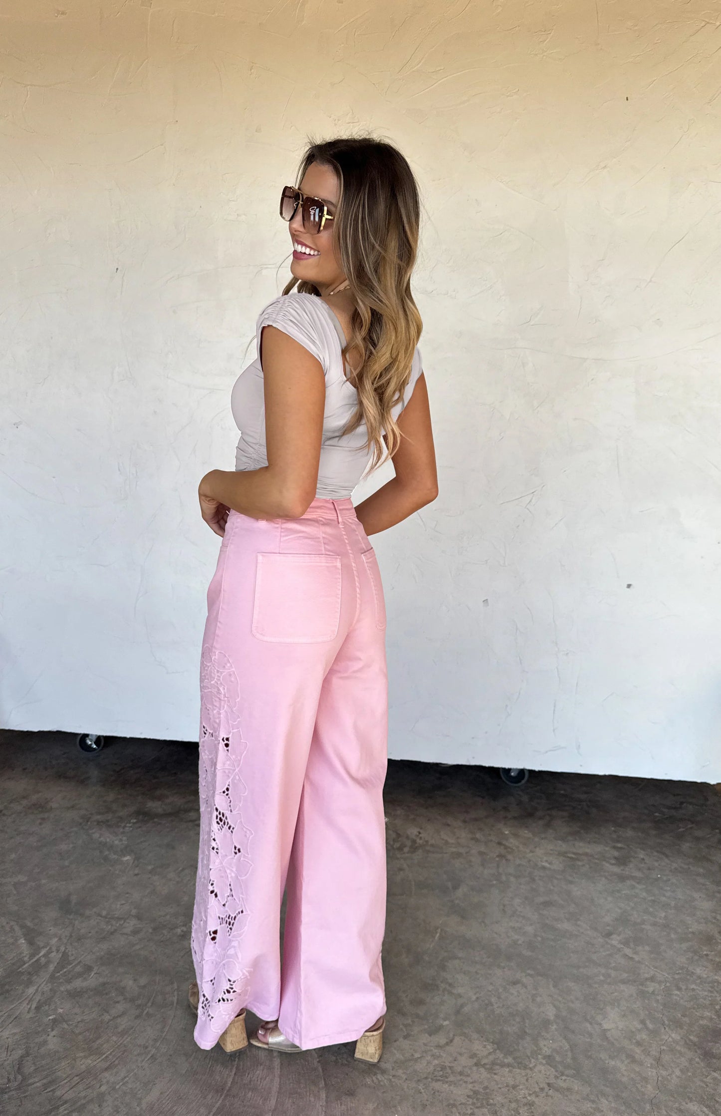 PINK FLORAL CHARM WIDE LEG JEAN [[PRE-ORDER]]