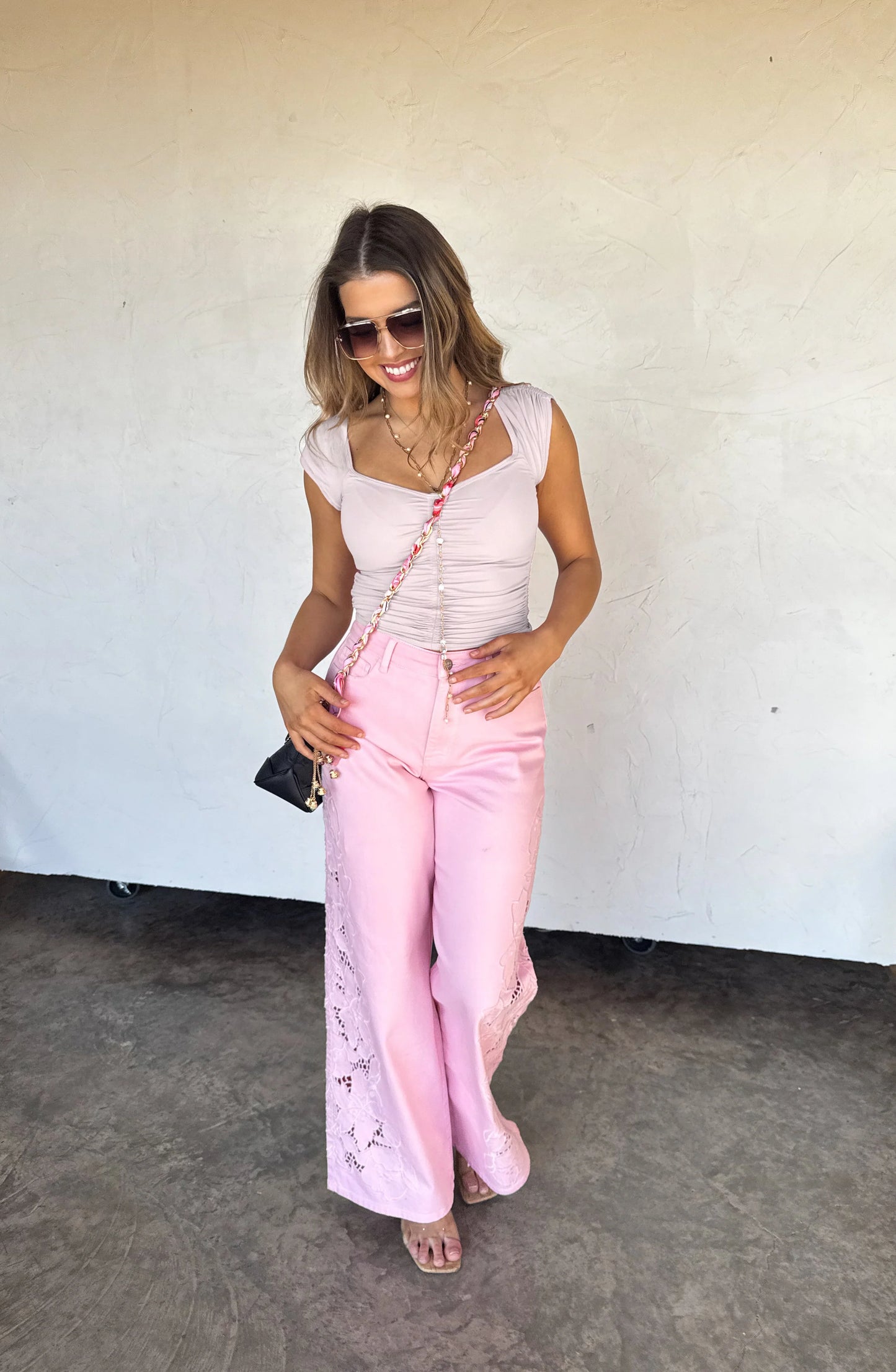 PINK FLORAL CHARM WIDE LEG JEAN [[PRE-ORDER]]