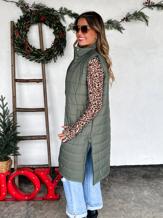Kendall Long Puffer Vest in Olive [[PRE-ORDER]]