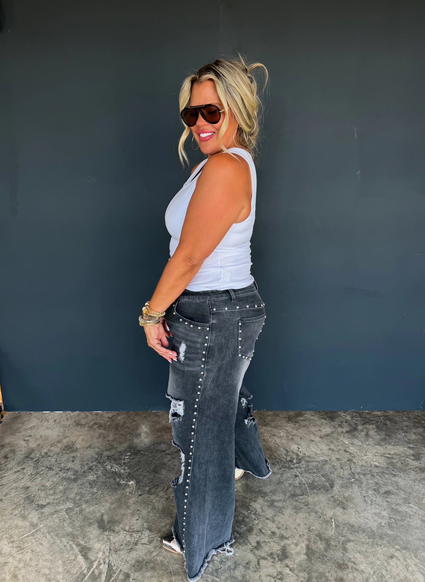 off the grid studded jeans denim black distressed