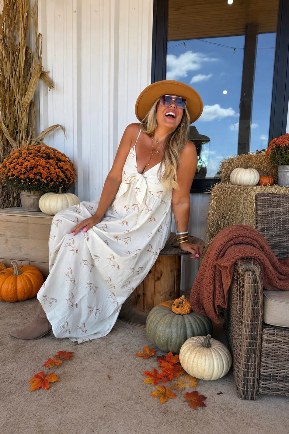 Western Charm Maxi Dress - Cream Horses