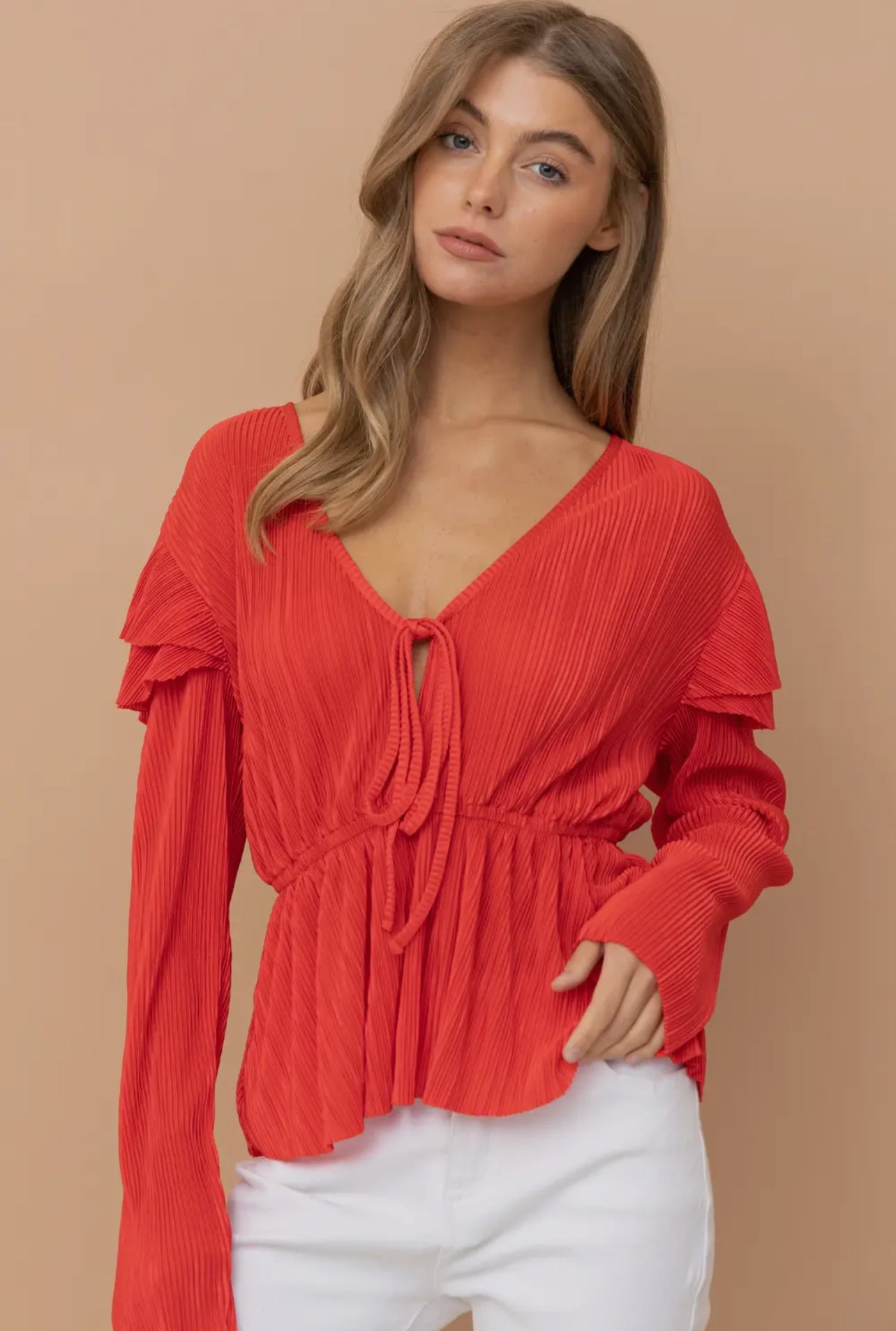 Red Ruffle Press Pleated Top