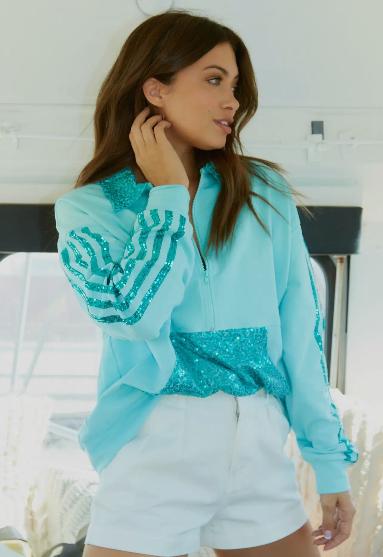 Aqua Sequin Henley