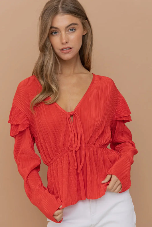Red Ruffle Press Pleated Top