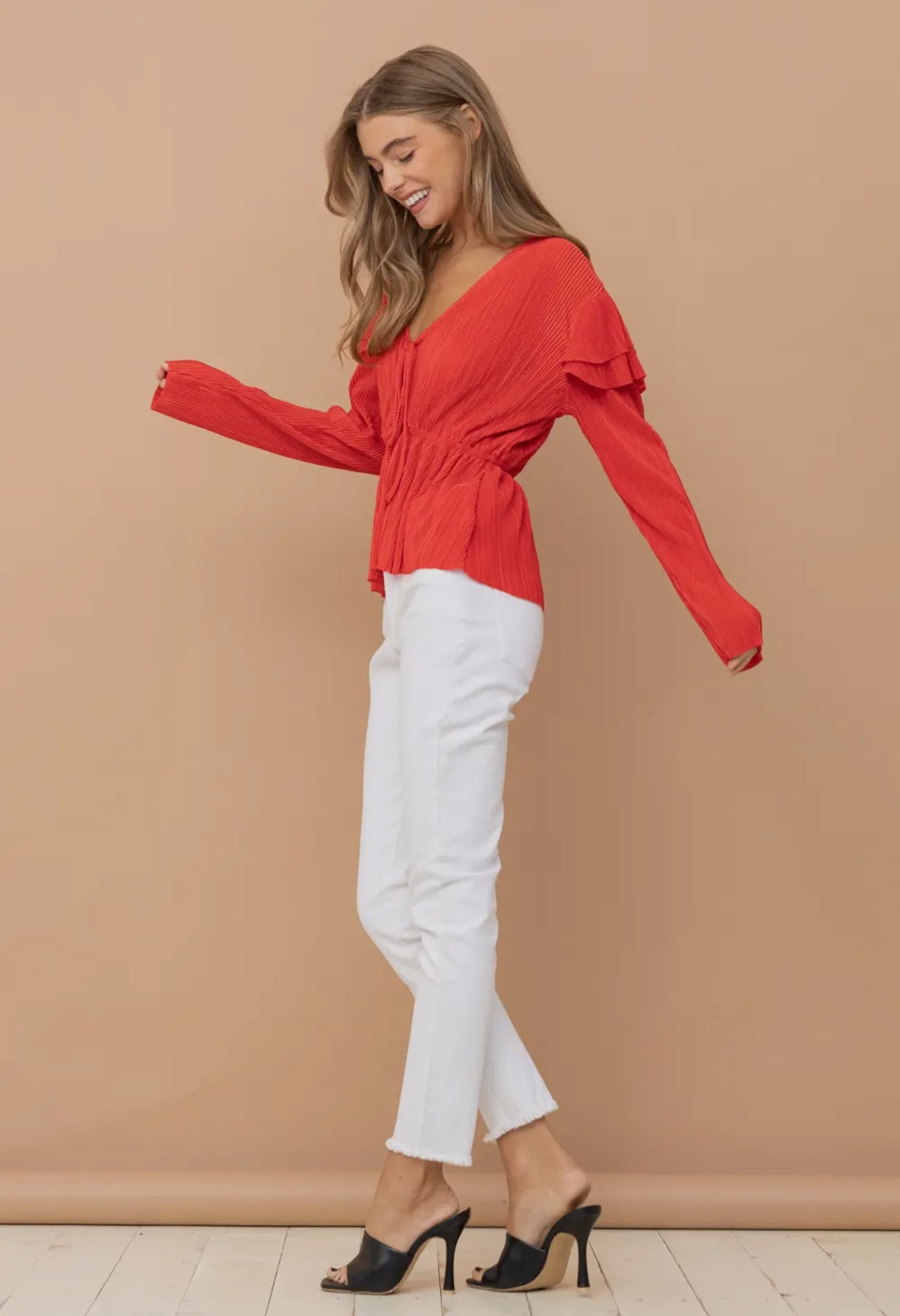 Red Ruffle Press Pleated Top