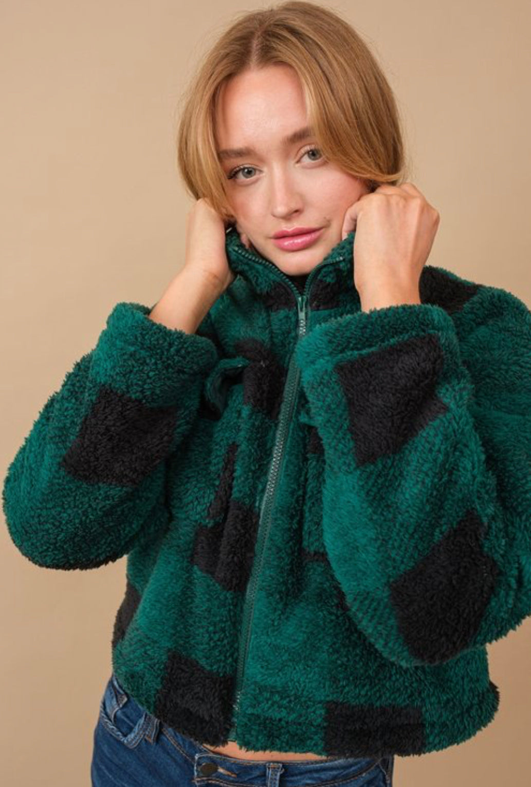 Green Flannel Sherpa Zip Up Jacket