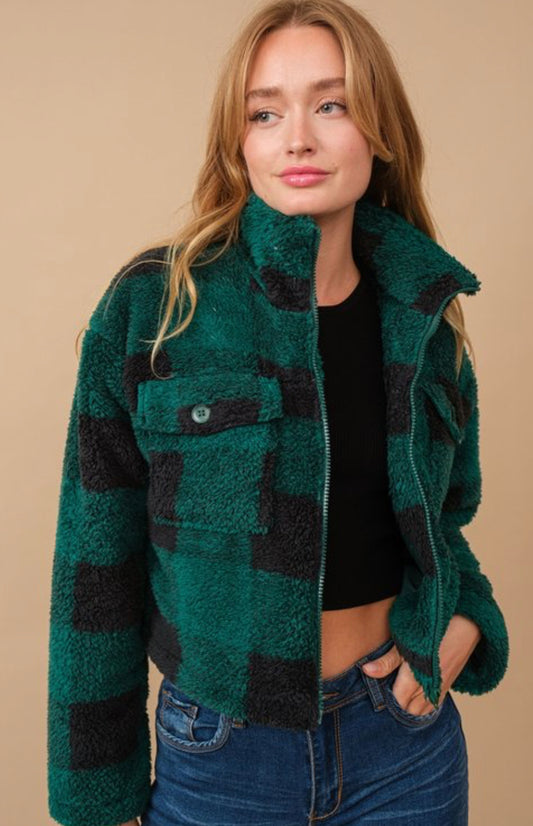 Green Flannel Sherpa Zip Up Jacket