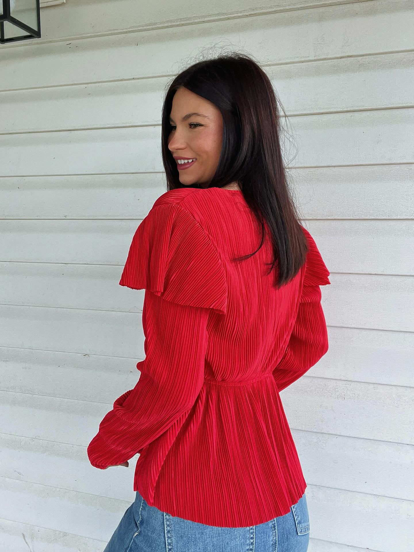 Red Ruffle Press Pleated Top