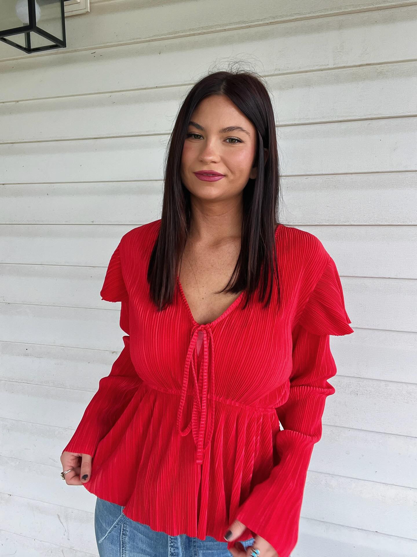 Red Ruffle Press Pleated Top