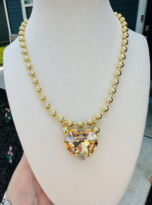 Champagne Crystal Heart Gold Bead Necklace