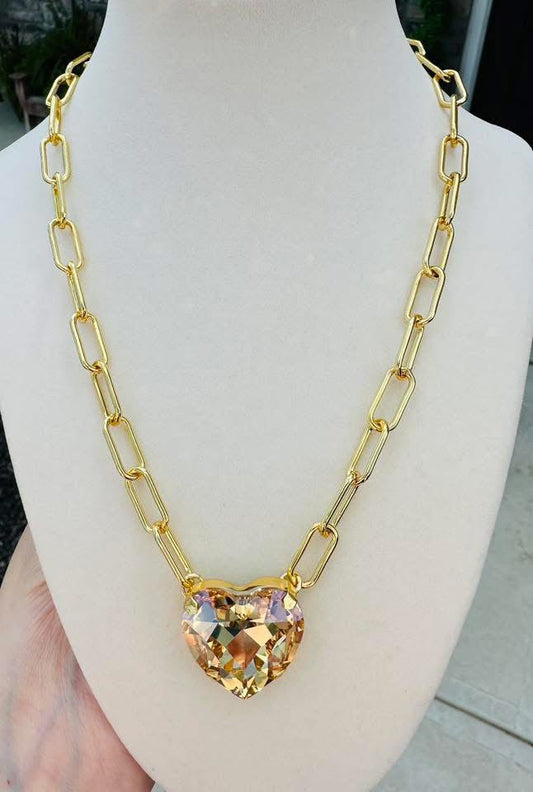 Champagne Crystal Heart Paperclip Chain Necklace