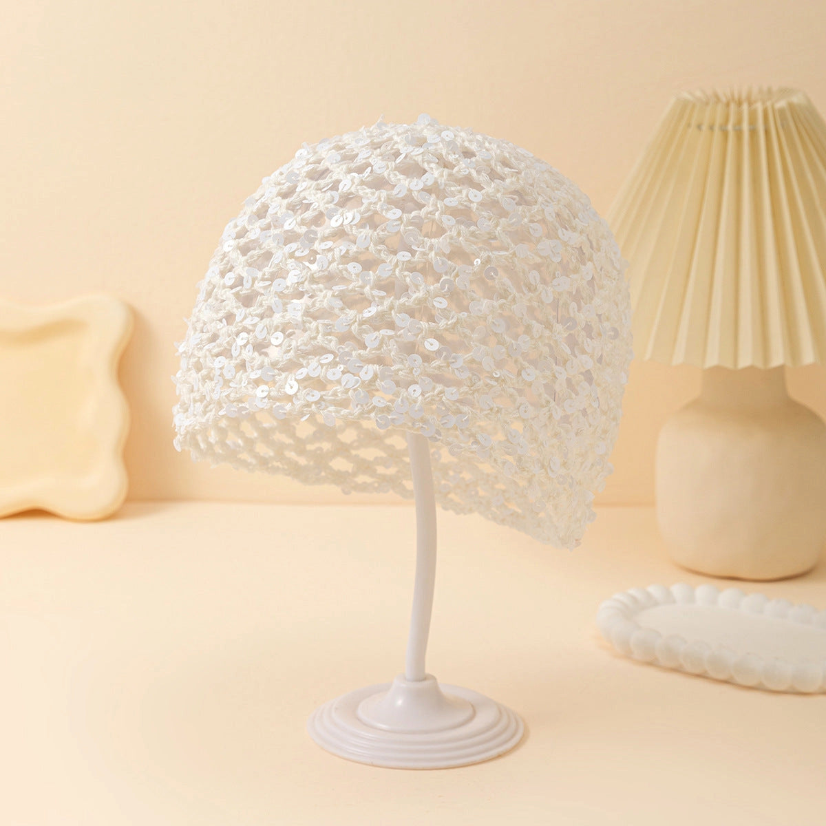 White Sequin Hollow Crochet Hat