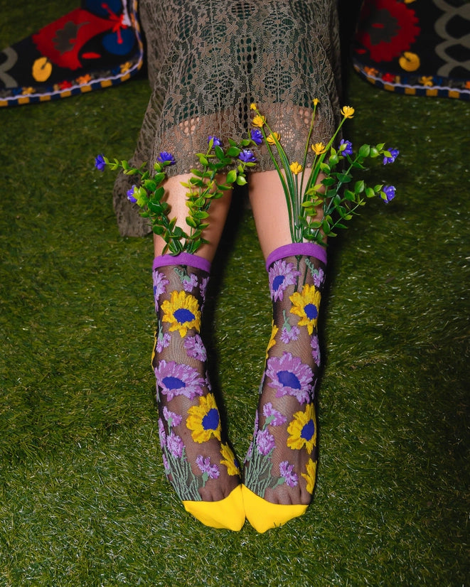 Mixed Sunflowers Black Sheer Sock