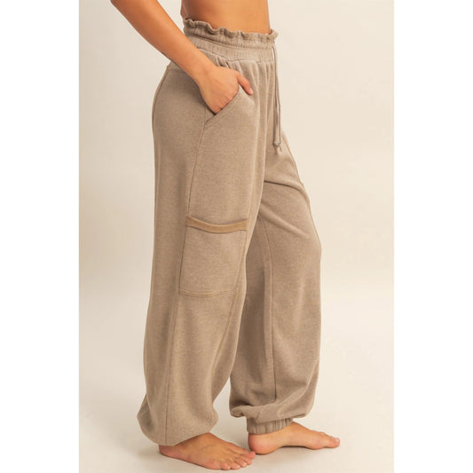 Mocha Gray Ruffle Waist Burnout Jogger Pants