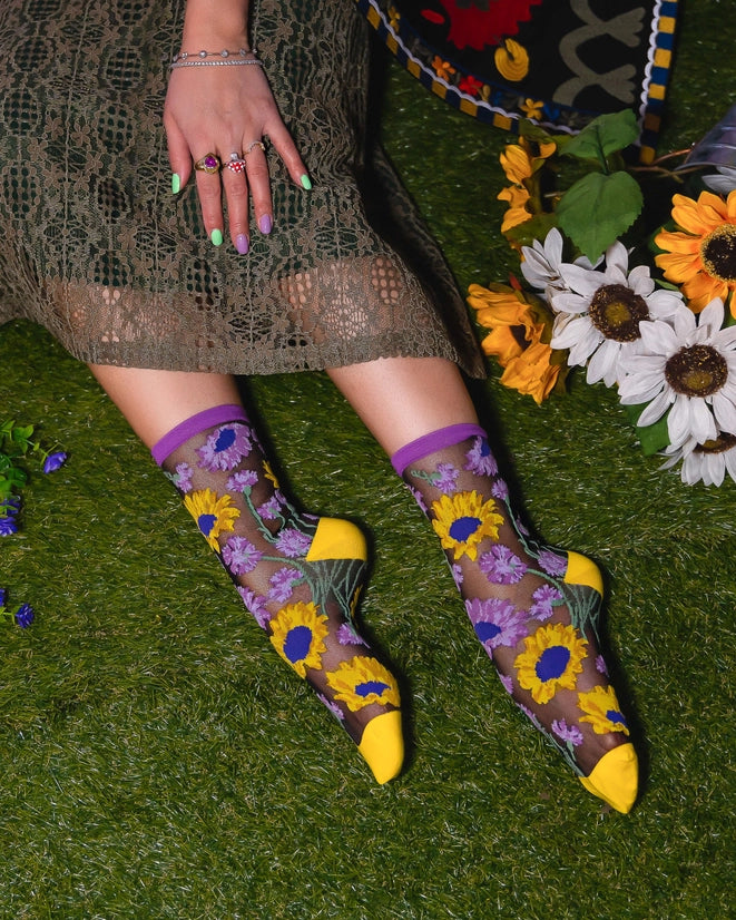 Mixed Sunflowers Black Sheer Sock