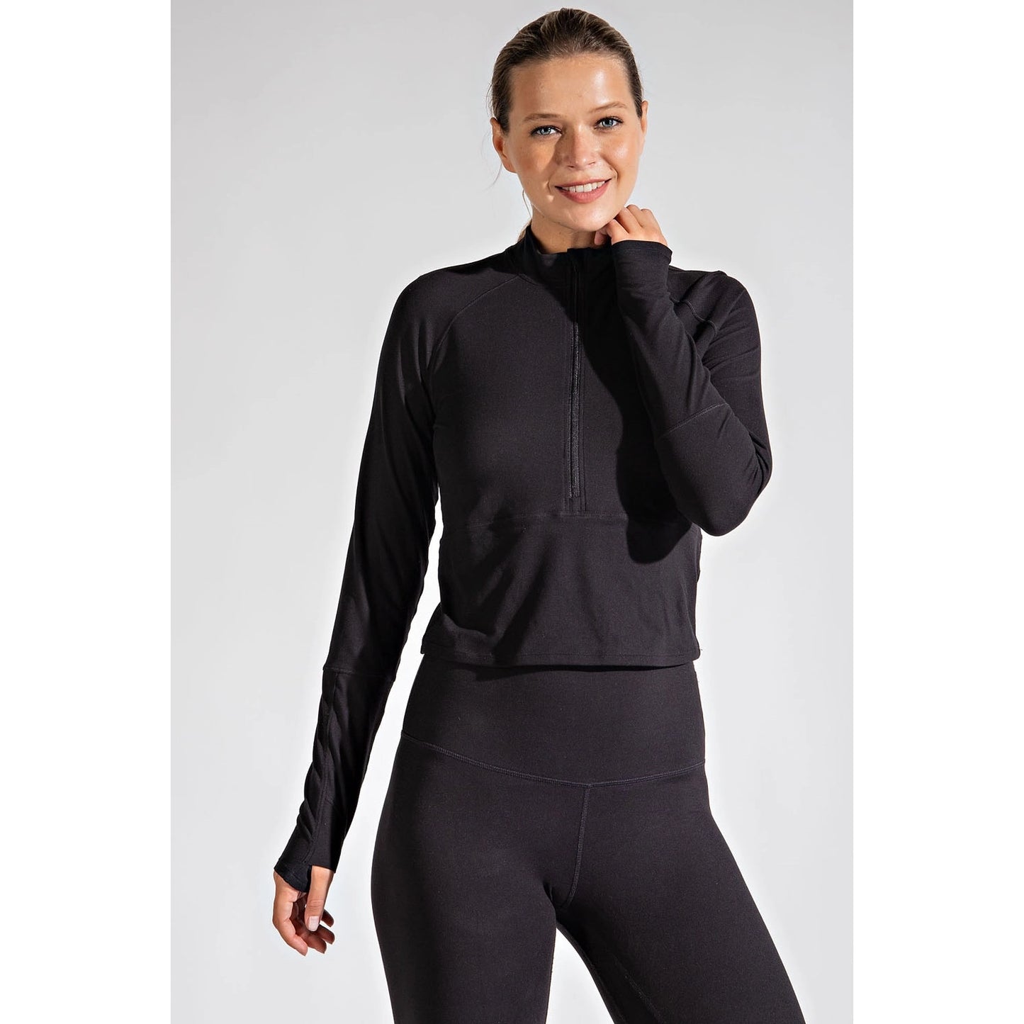 Black Cropped 1/4 Zip Long Sleeve Top