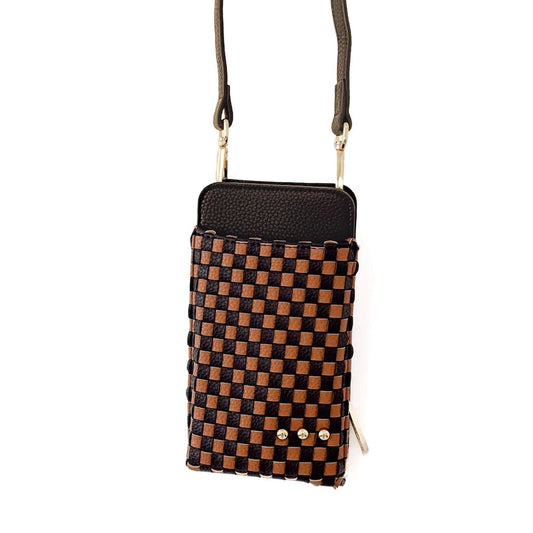 Woven Checkered Coffee Phone Bag
