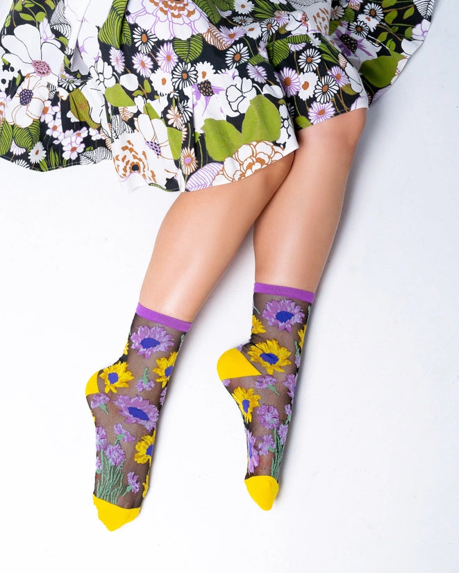 Mixed Sunflowers Black Sheer Sock