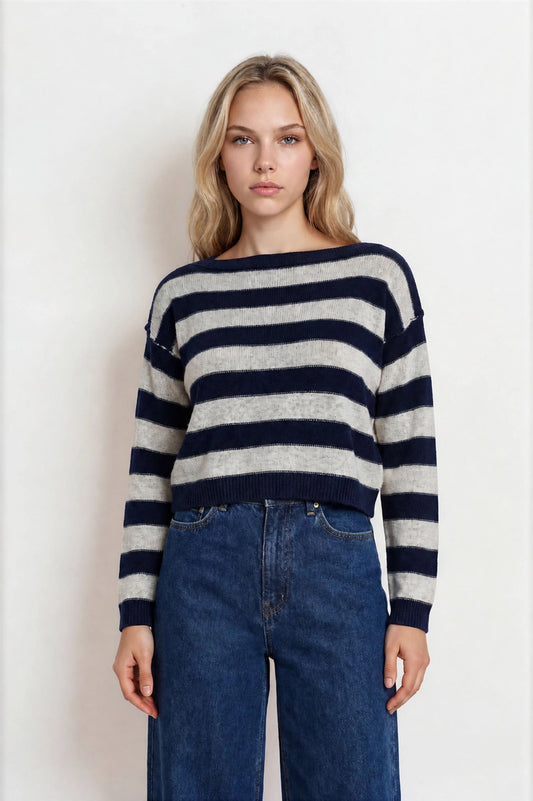Stripe Exposed Seam Long Sleeve Cropped Sweater