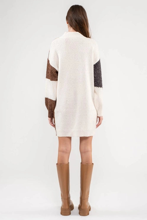 Ivory Colorblock Knit Sweater Dress