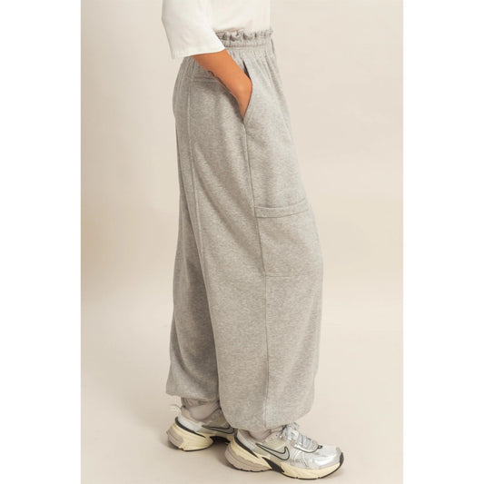 Heather Gray Ruffle Waist Burnout Jogger Pants