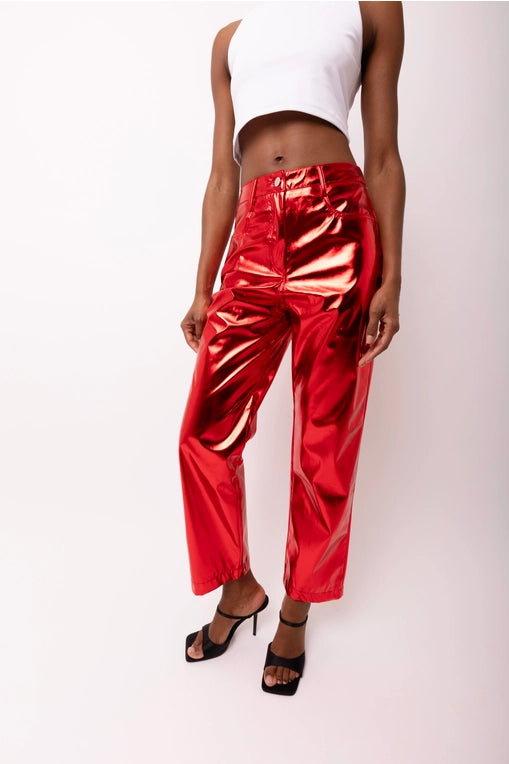 Red Faux Leather Metallic Pants