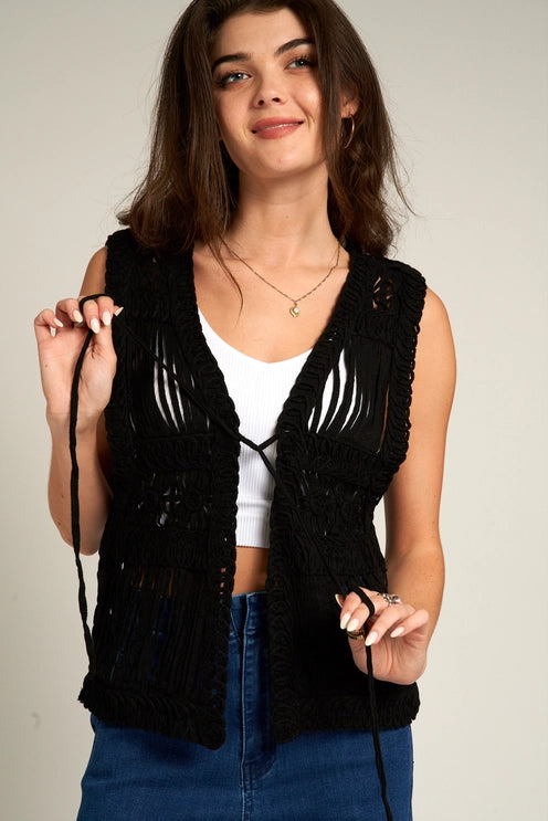 Black Sleeveless Crochet Vest