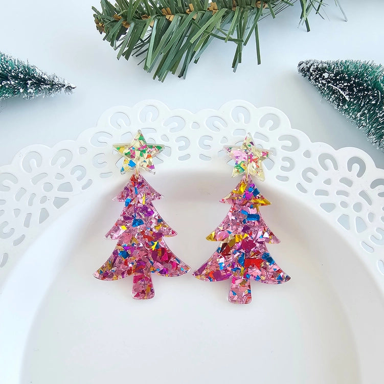 Pink Sparkle Christmas Tree Earring