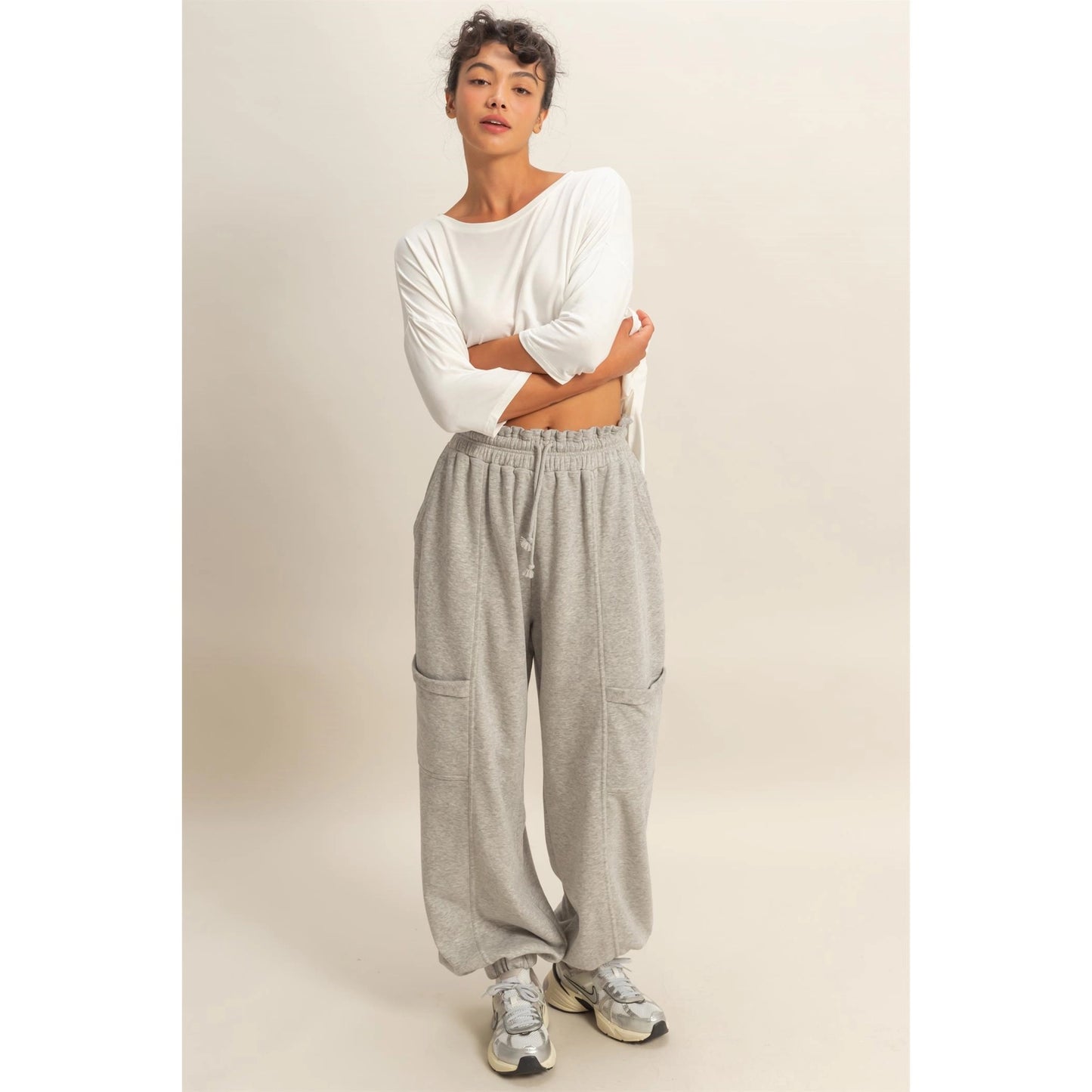 Heather Gray Ruffle Waist Burnout Jogger Pants