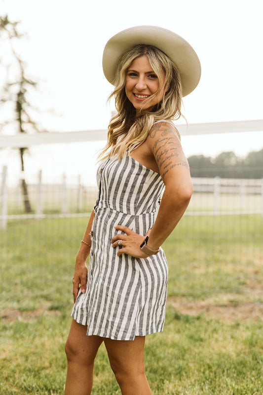 button up linen striped mini dress