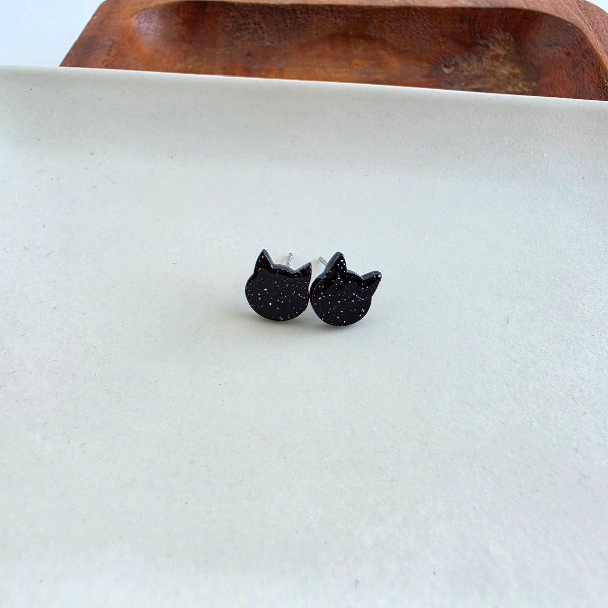 Dainty Cat Studs - Black Glitter