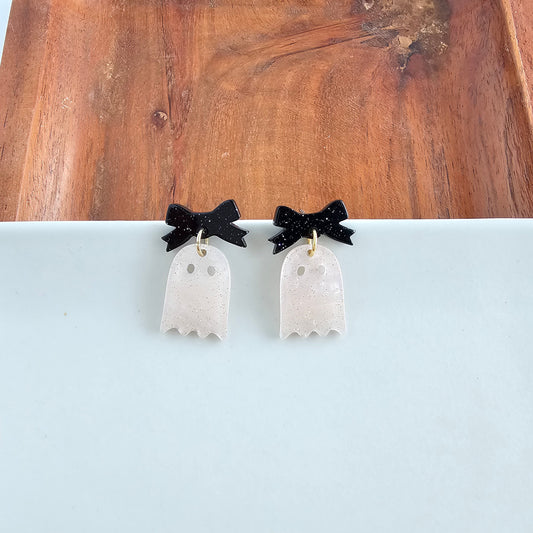 Mini Bow Ghost Earrings - Light Pink Shimmer