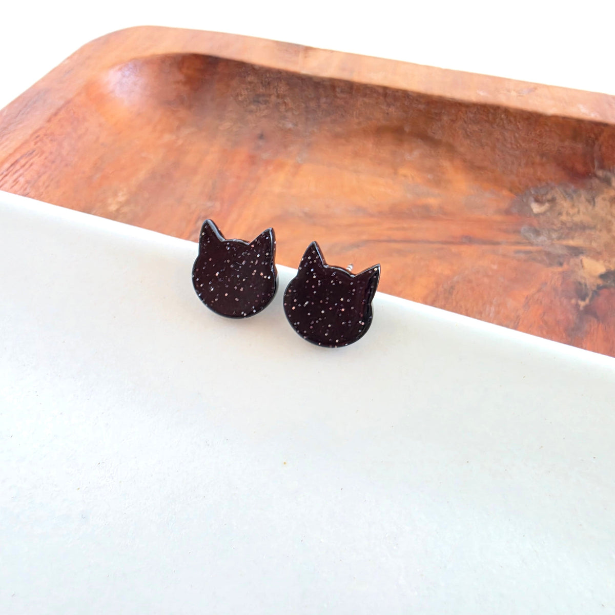 Dainty Cat Studs - Black Glitter