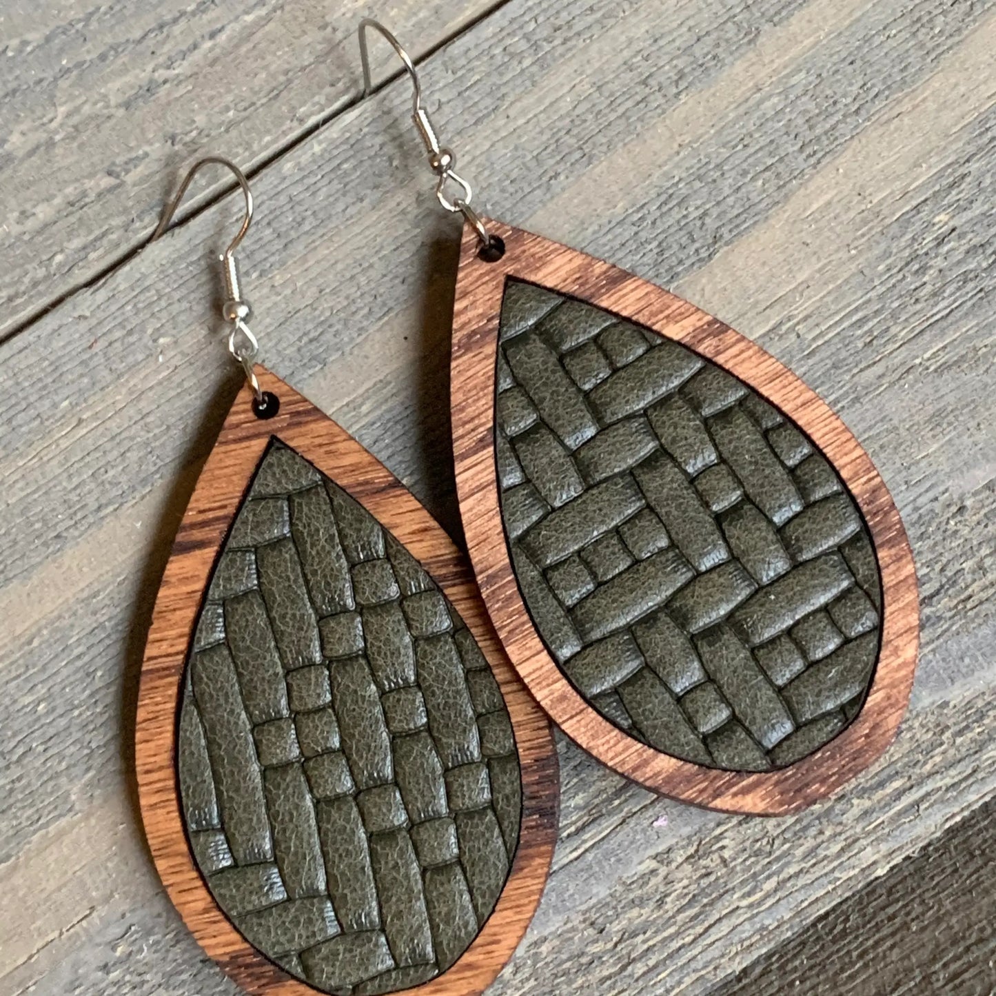 Wood Teardrop with Olive Green Basket Weave Leather