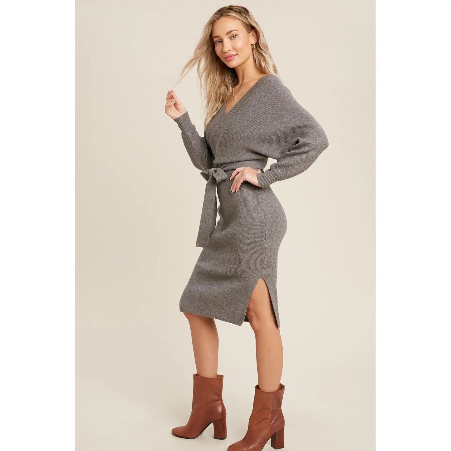 Belted Sweater Dress Charcoal Grey