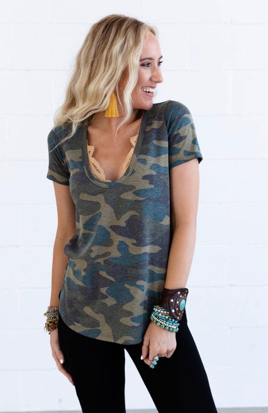 Camo Scoop Bralette Tee: Three Bird Nest