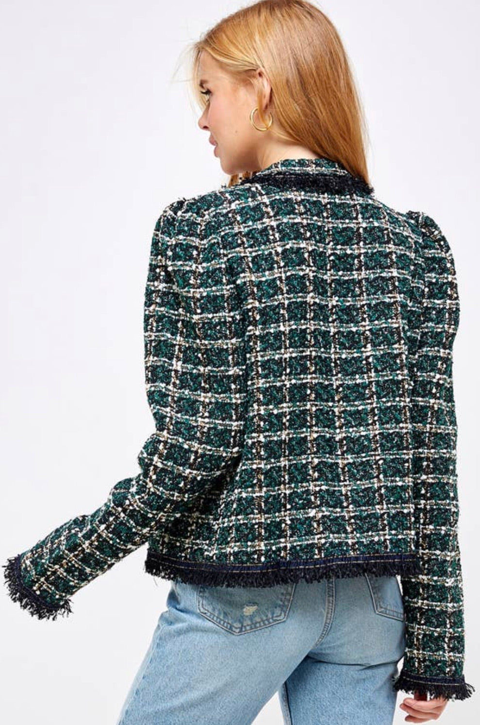 Sequence embellished fringe tweed jacket