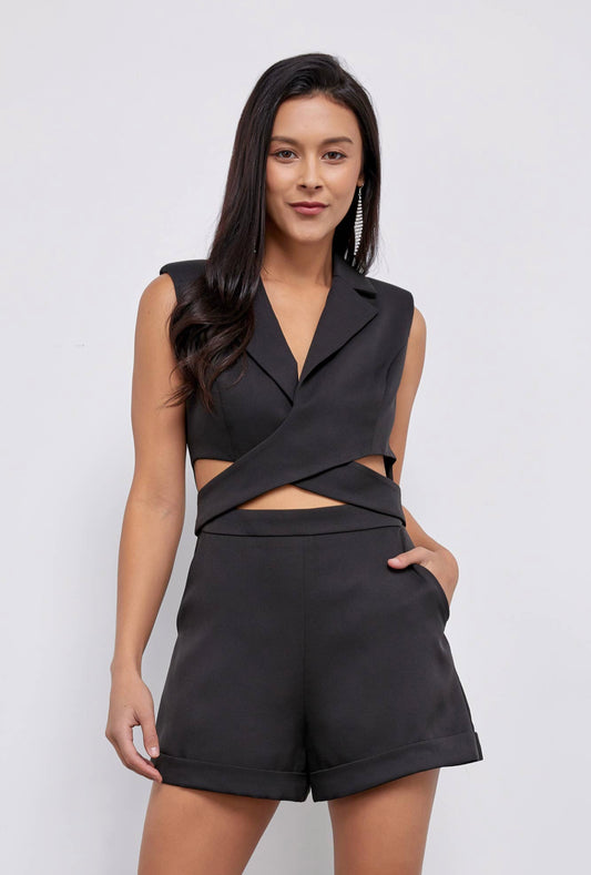 black wrap blazer romper