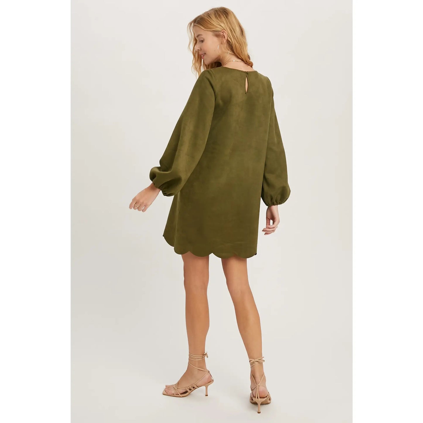 Suede Olive Scallop Hem Dress