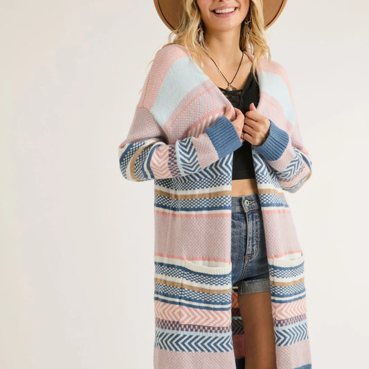 Striped Knee Length Cardigan